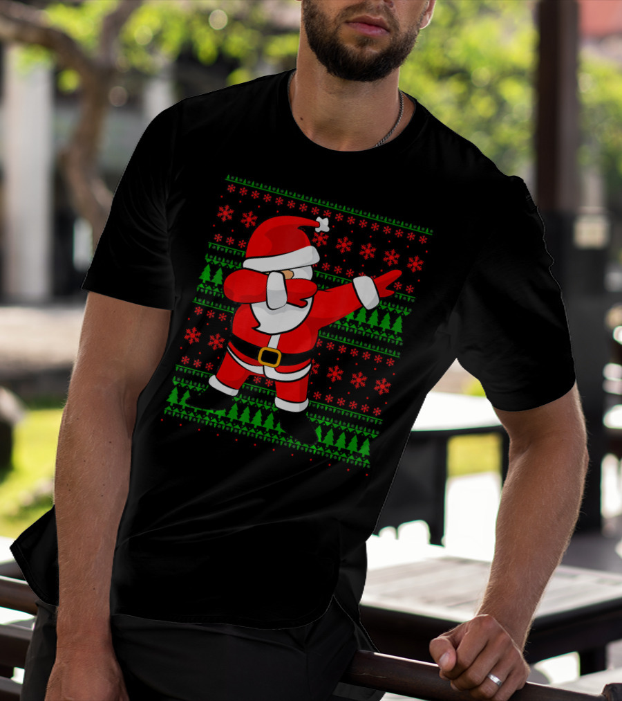 Santa Claus Dabbing Christmas Sweater Style Snowflakes Trees T-Shirt