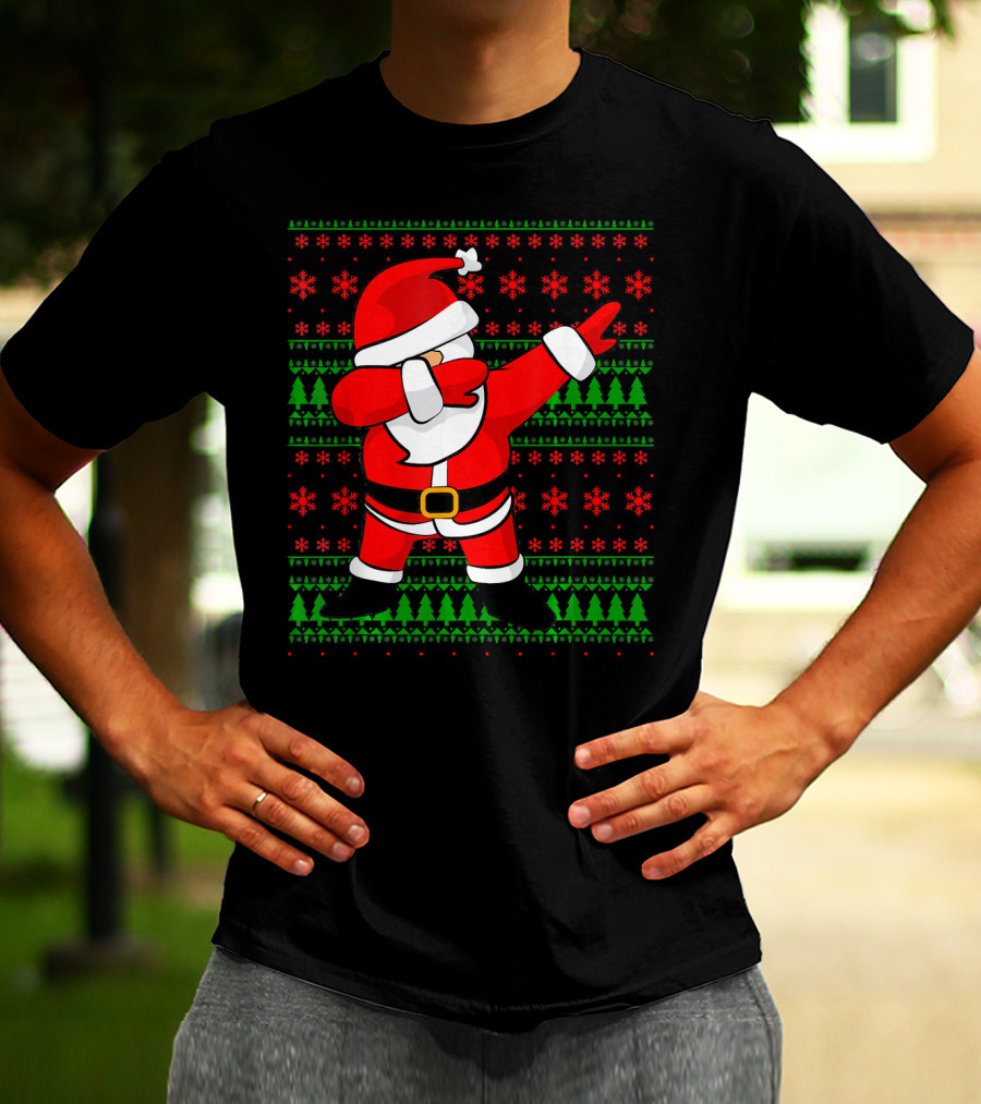 Santa Claus Dabbing Christmas Sweater Style Snowflakes Trees T-Shirt