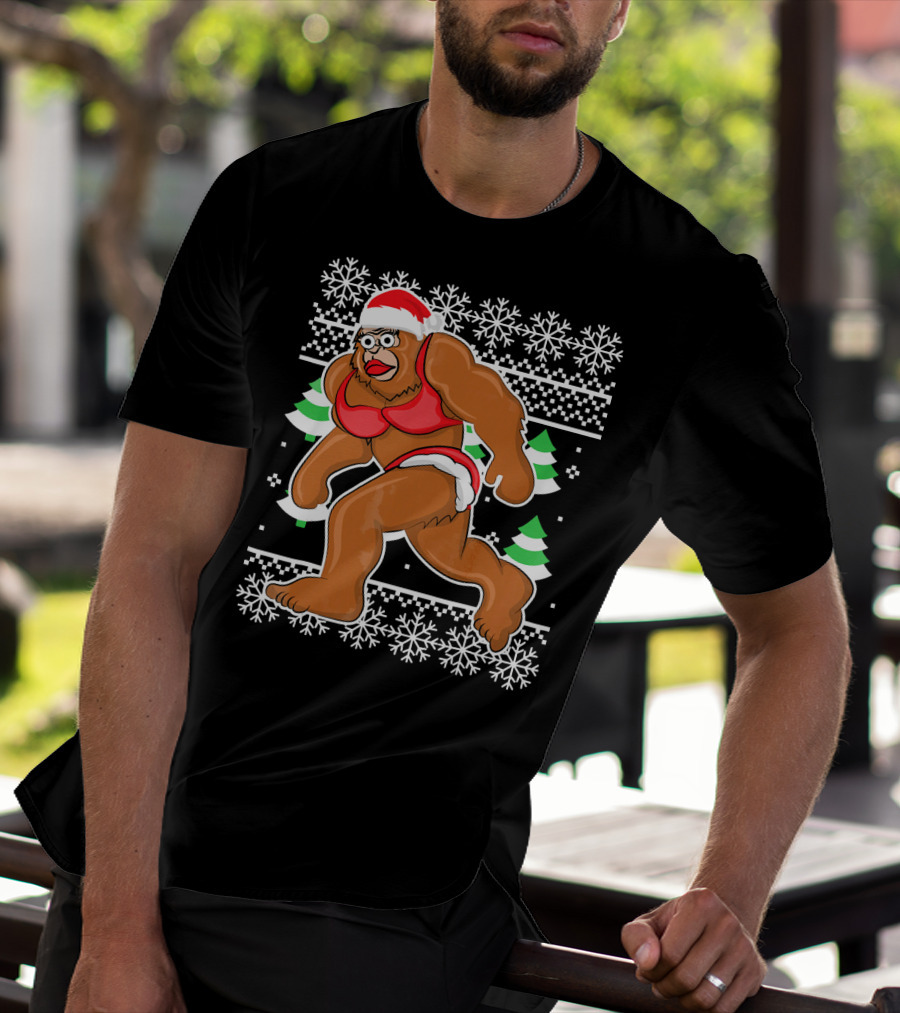 Bigfoot Bikini Ugly Christmas Sweater Santa Hat Snowflakes Holiday Party T-Shirt