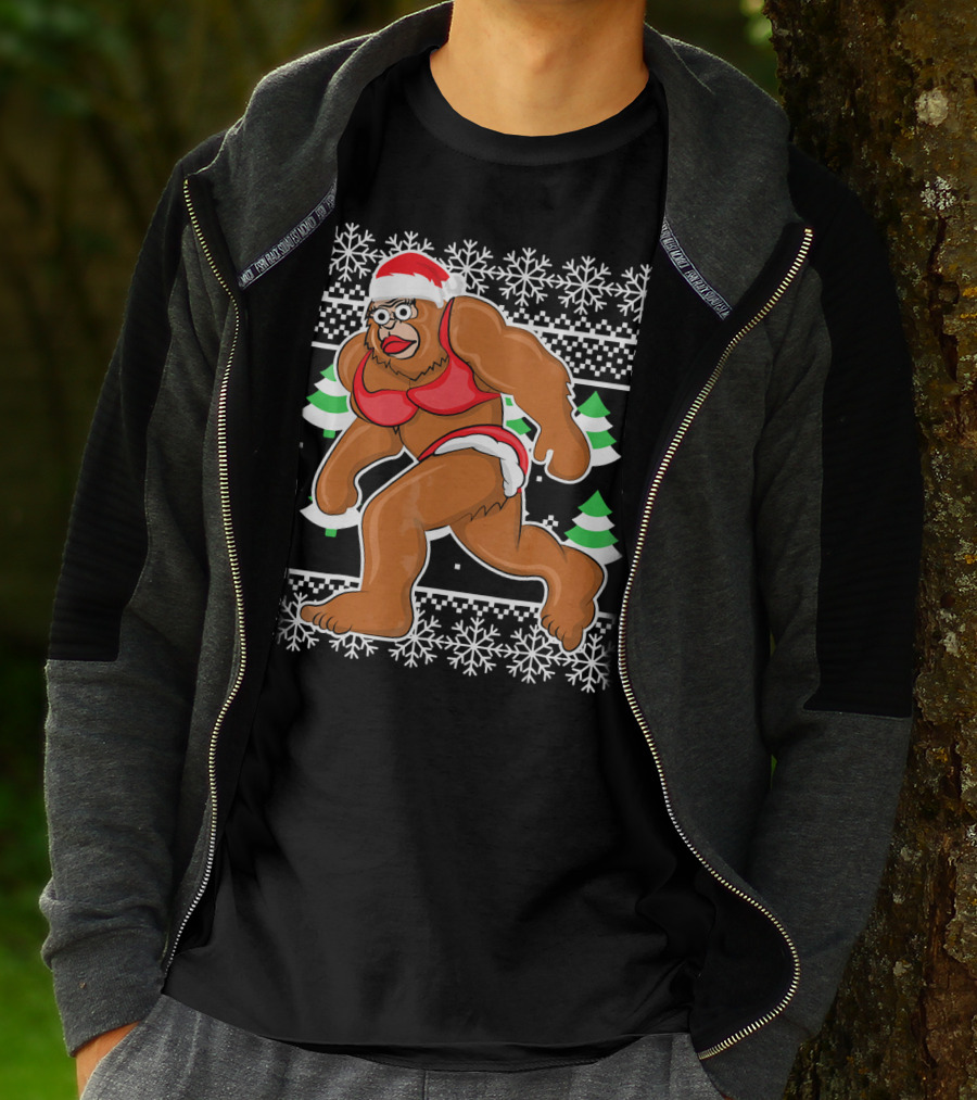 Bigfoot Bikini Ugly Christmas Sweater Santa Hat Snowflakes Holiday Party T-Shirt