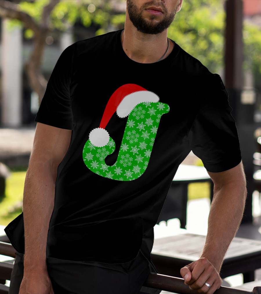 Santa Hat Green Snowflake Monogram Letter J Christmas T-Shirt