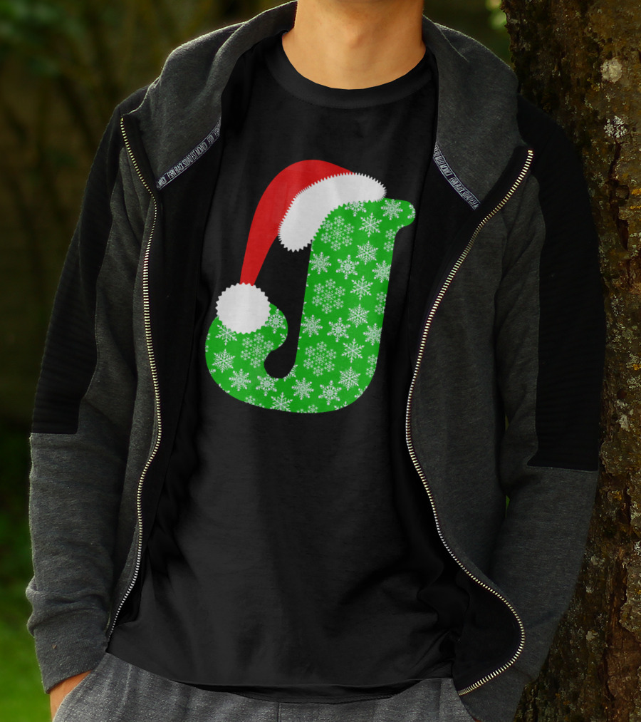 Santa Hat Green Snowflake Monogram Letter J Christmas T-Shirt