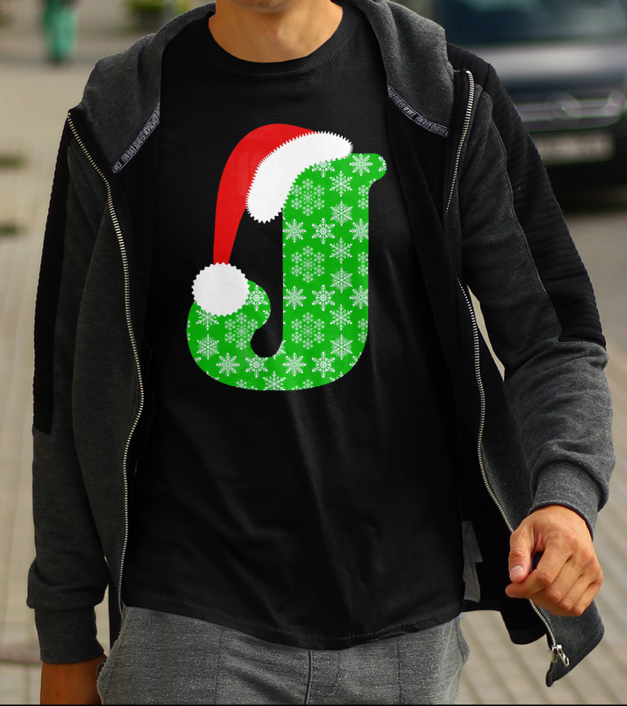 Santa Hat Green Snowflake Monogram Letter J Christmas T-Shirt
