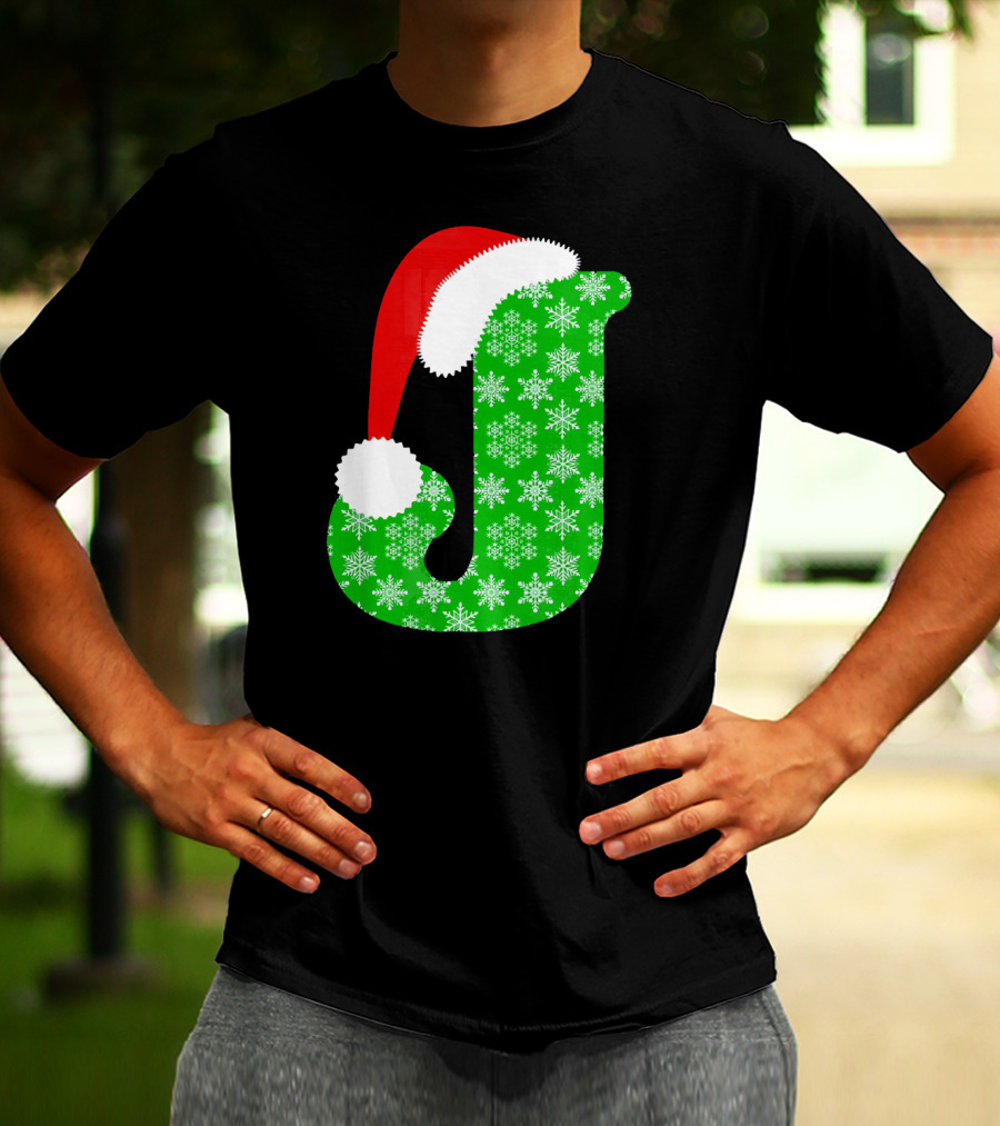 Santa Hat Green Snowflake Monogram Letter J Christmas T-Shirt
