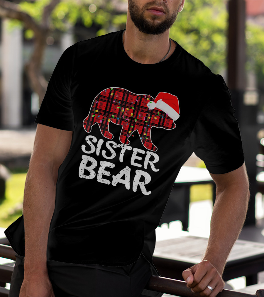 Sister Bear Red Plaid Christmas Paj With Santa Hat And Lights T-Shirt