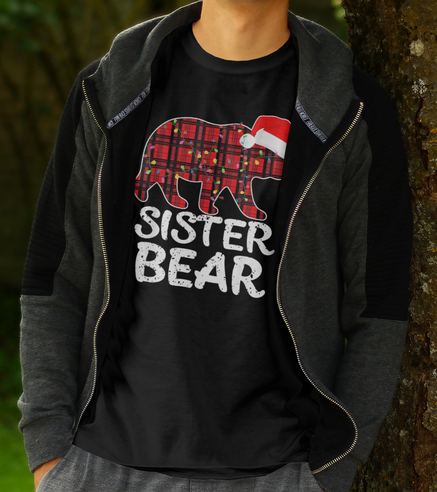 Sister Bear Red Plaid Christmas Paj With Santa Hat And Lights T-Shirt