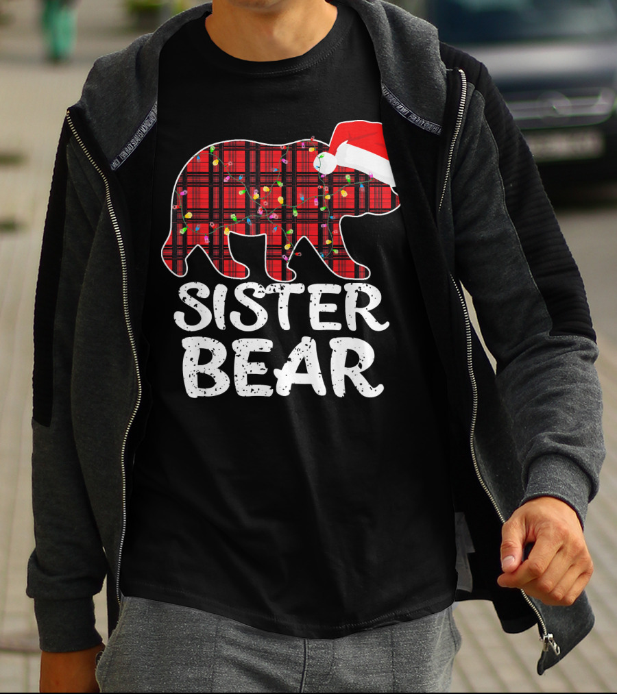 Sister Bear Red Plaid Christmas Paj With Santa Hat And Lights T-Shirt