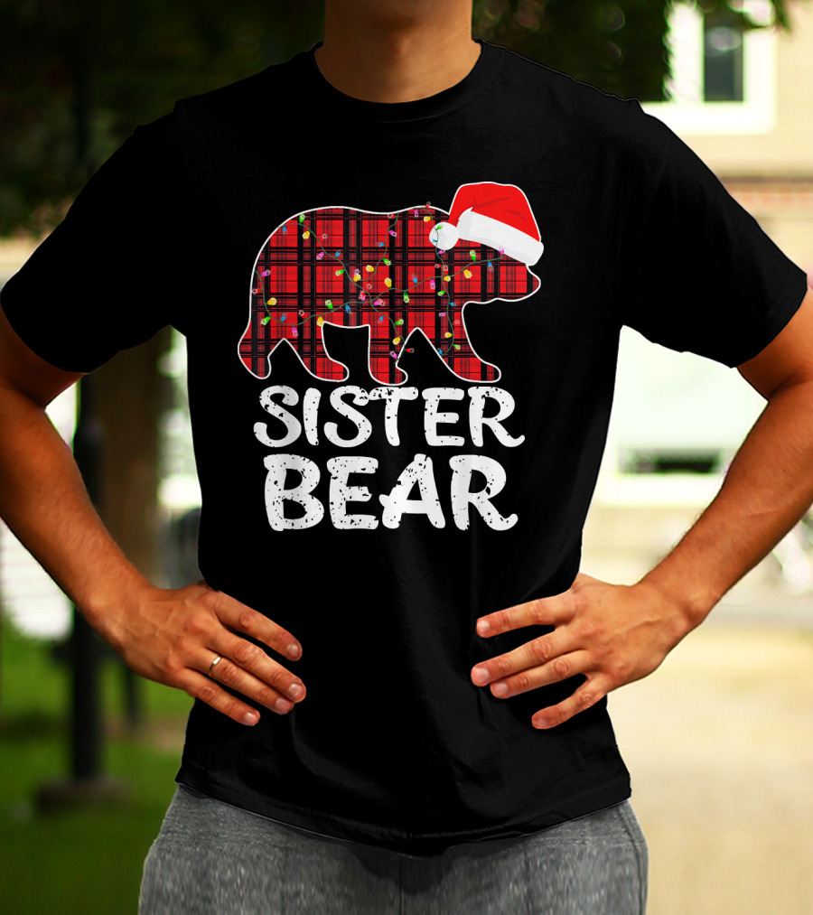 Sister Bear Red Plaid Christmas Paj With Santa Hat And Lights T-Shirt