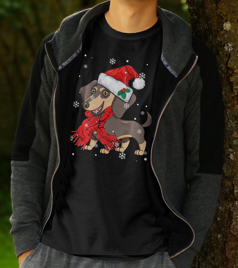 Dachshund Wearing Santa Hat And Red Scarf With Snowflakes T-Shirt