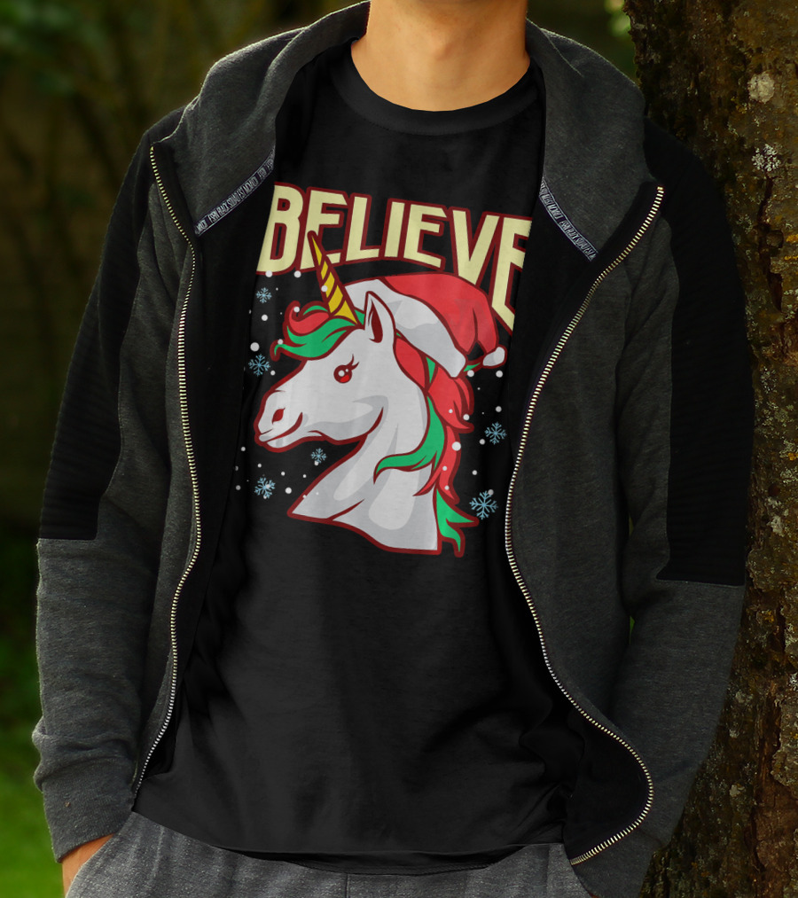 Believe The Unicorn Santa Hat Snowflakes T-Shirt