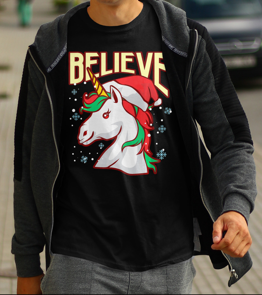 Believe The Unicorn Santa Hat Snowflakes T-Shirt