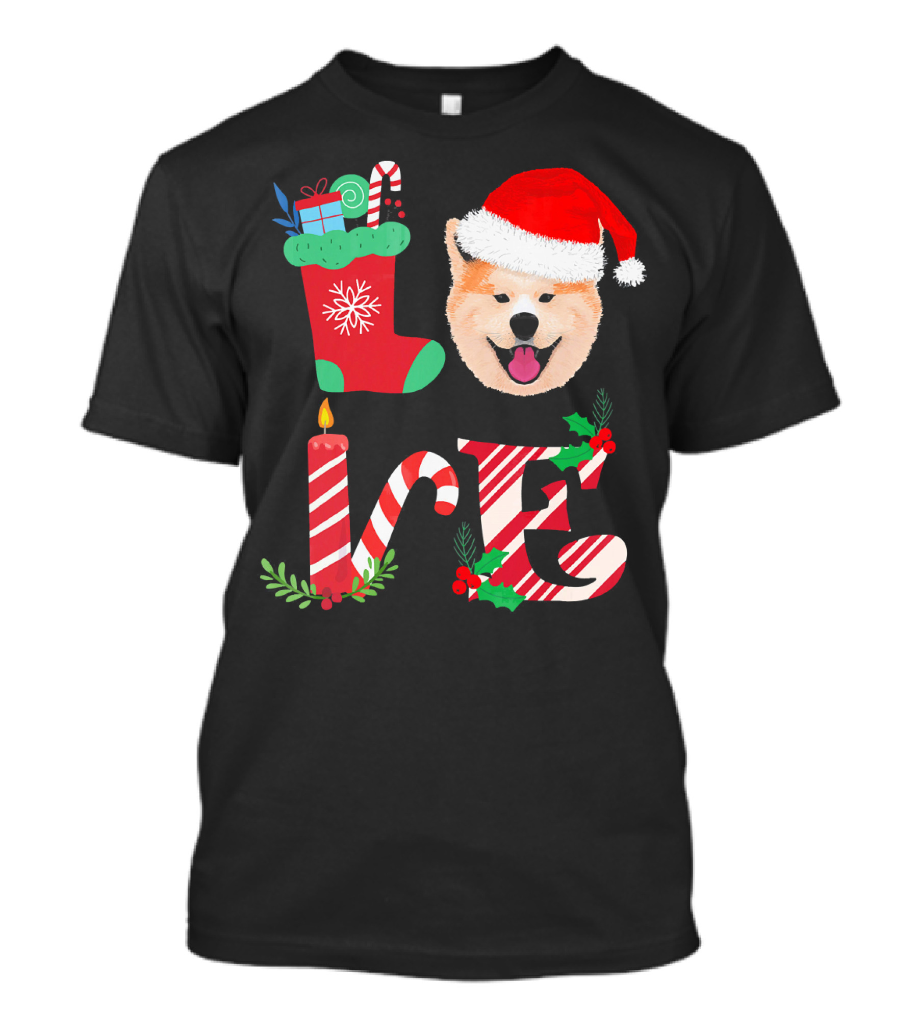 I Love My Akita Christmas Love With Santa Hat And Holiday Decorations T-Shirt