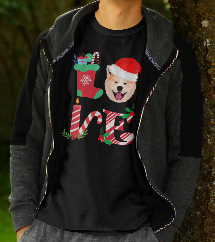 I Love My Akita Christmas Love With Santa Hat And Holiday Decorations T-Shirt