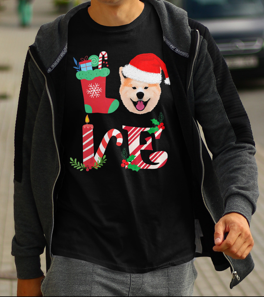 I Love My Akita Christmas Love With Santa Hat And Holiday Decorations T-Shirt