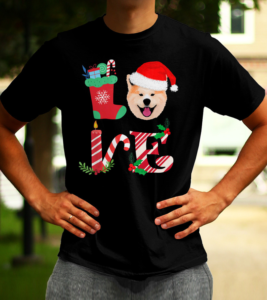 I Love My Akita Christmas Love With Santa Hat And Holiday Decorations T-Shirt