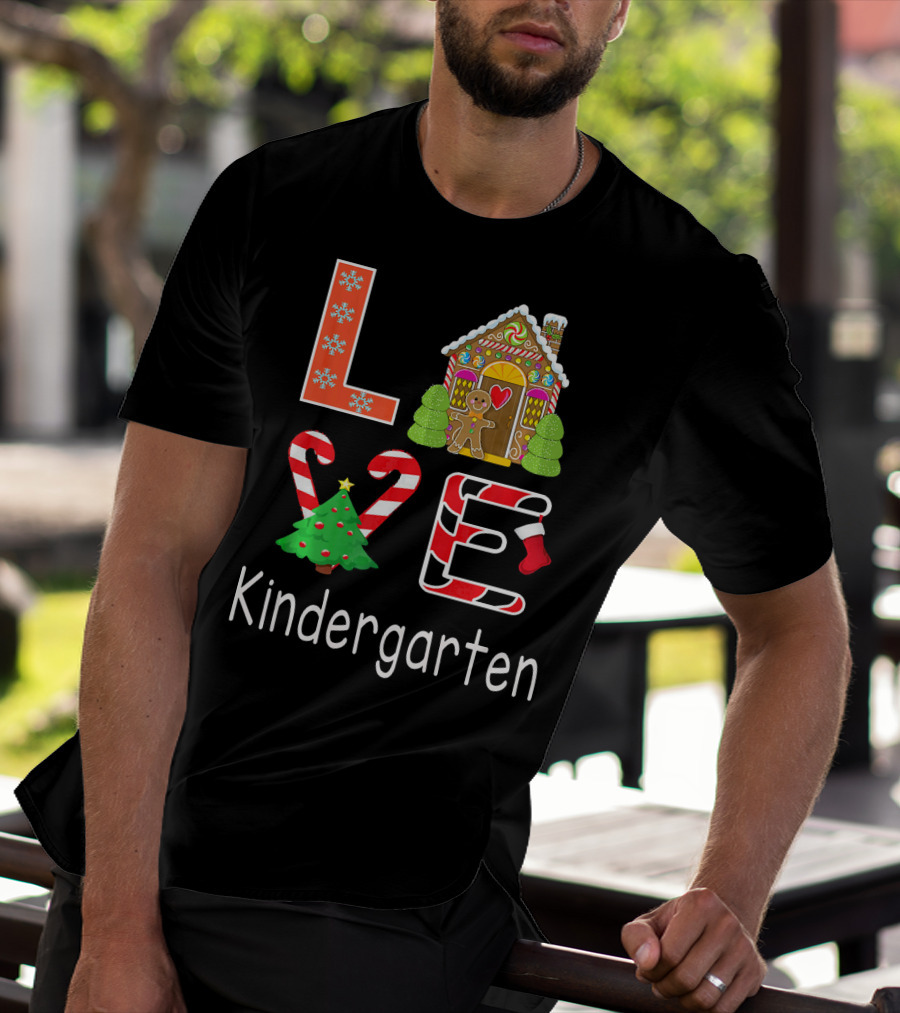 Love Kindergarten Christmas Candy Cane Gingerbread House T-Shirt