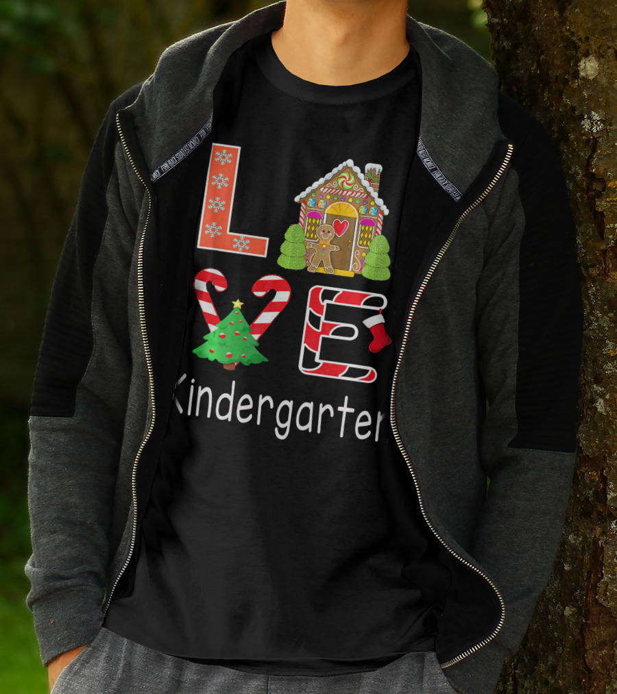 Love Kindergarten Christmas Candy Cane Gingerbread House T-Shirt