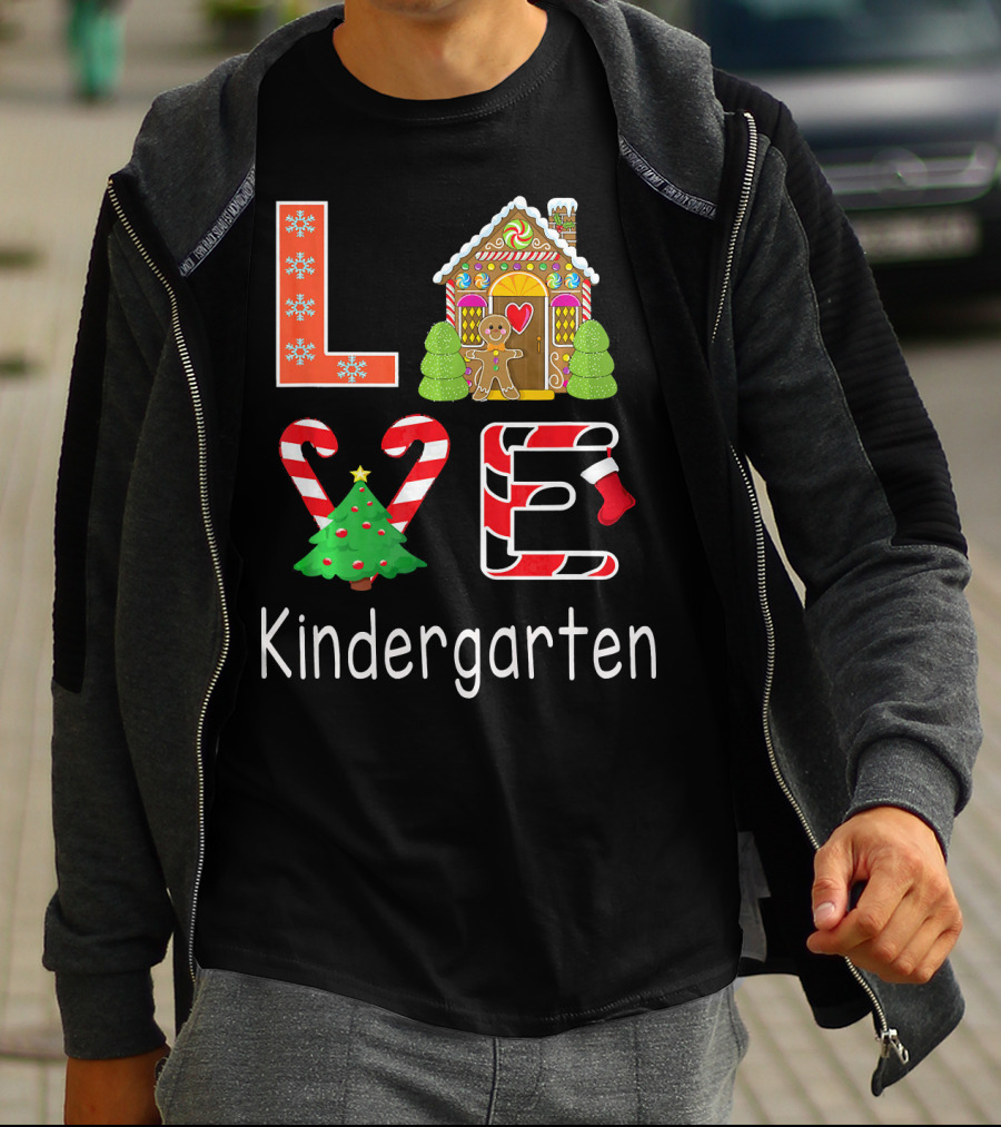 Love Kindergarten Christmas Candy Cane Gingerbread House T-Shirt