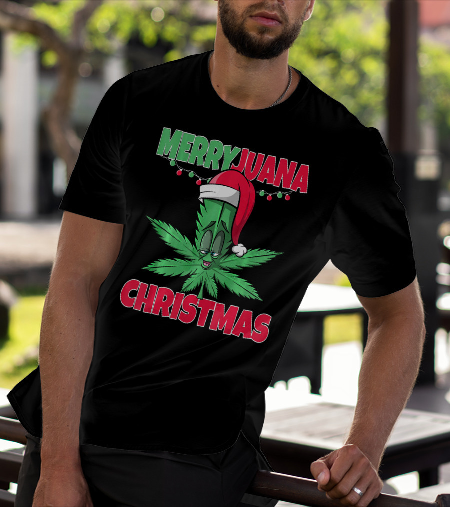 Merryjuana Christmas Funny Santa Hat Marijuana Leaf T-Shirt