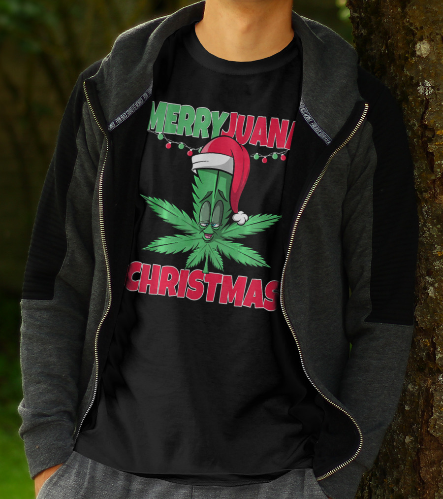 Merryjuana Christmas Funny Santa Hat Marijuana Leaf T-Shirt