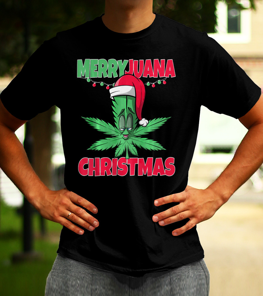 Merryjuana Christmas Funny Santa Hat Marijuana Leaf T-Shirt