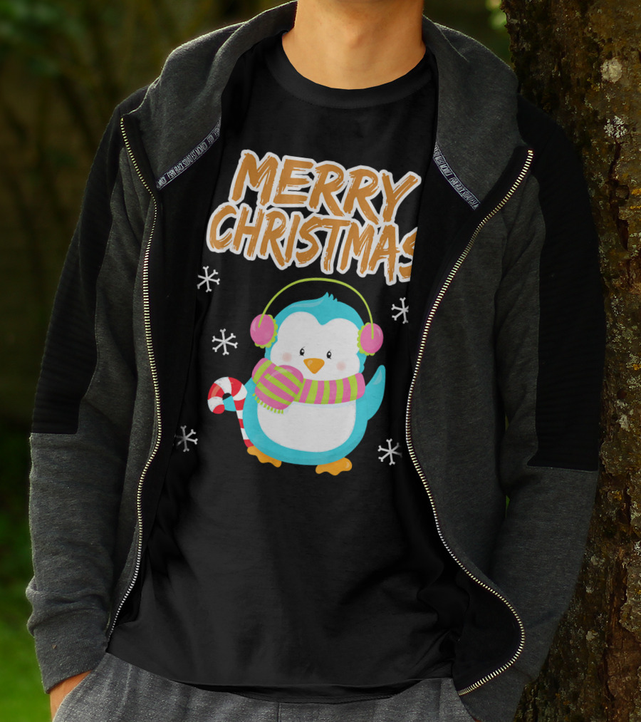 Merry Christmas Penguin With Candy Cane And Snowflakes T-Shirt