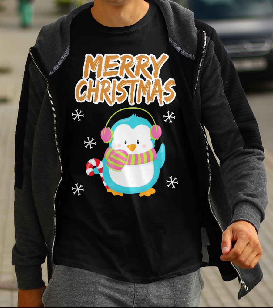 Merry Christmas Penguin With Candy Cane And Snowflakes T-Shirt