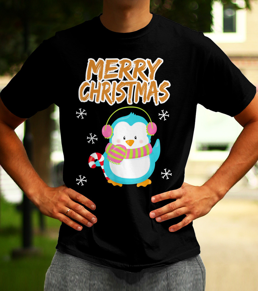 Merry Christmas Penguin With Candy Cane And Snowflakes T-Shirt