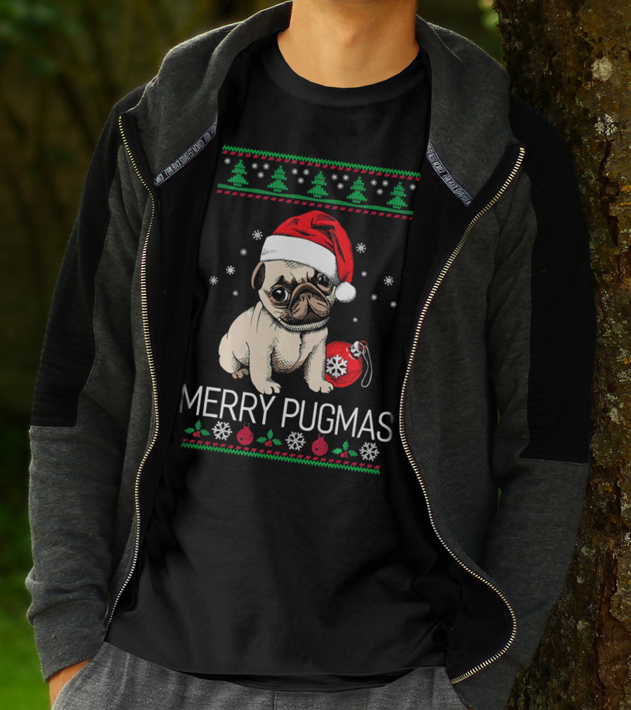 Merry Pugmas Santa Pug With Christmas Trees And Ornaments T-Shirt