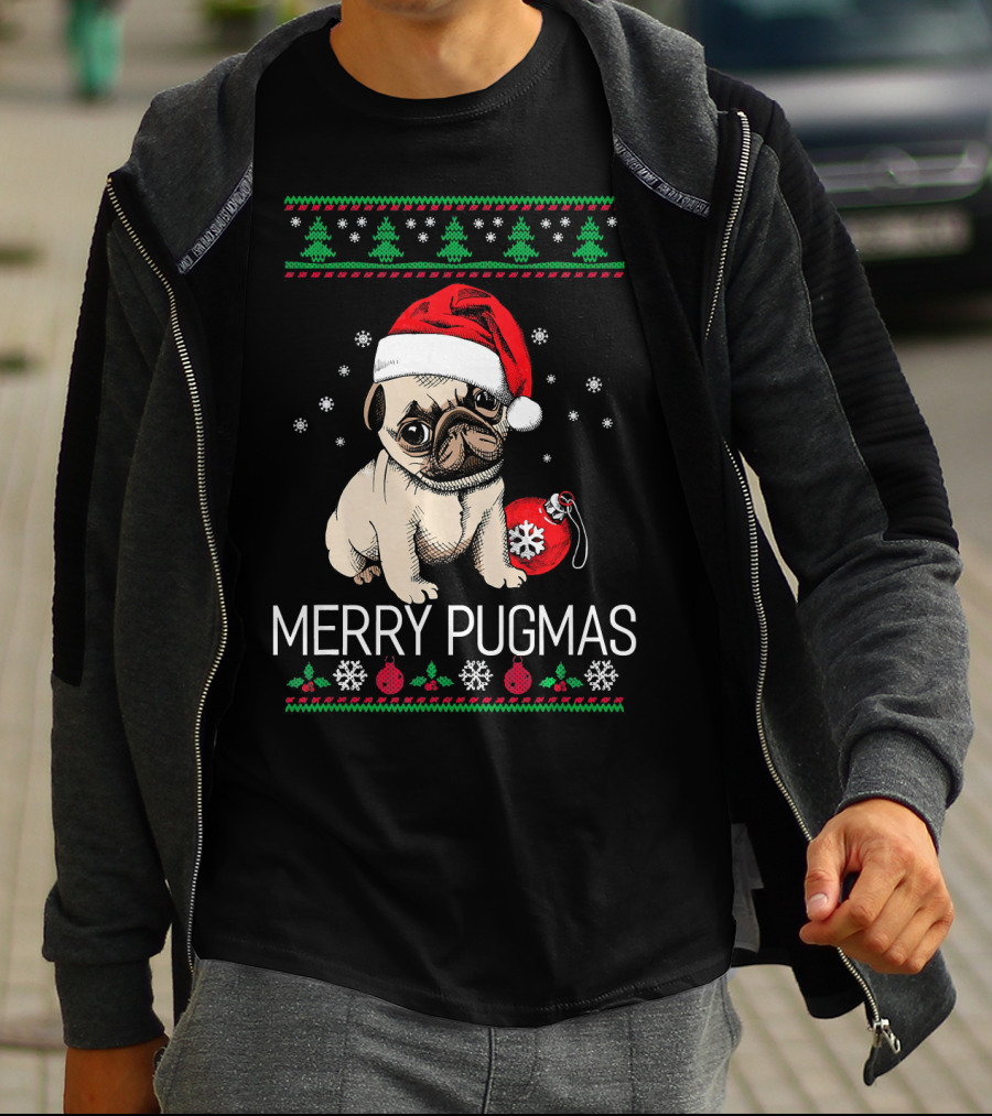 Merry Pugmas Santa Pug With Christmas Trees And Ornaments T-Shirt