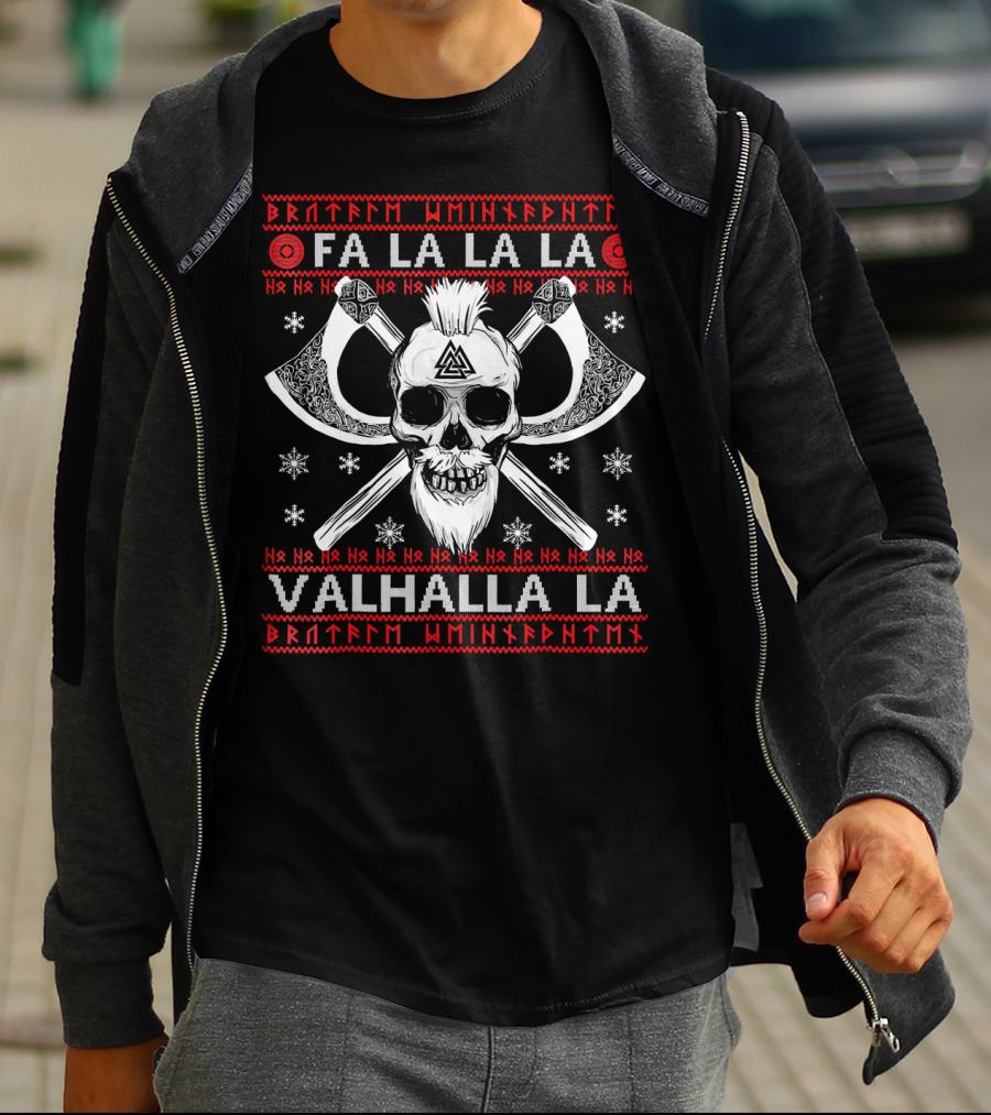 Fa La La La Valhalla La Skull And Axes Viking Christmas T-Shirt