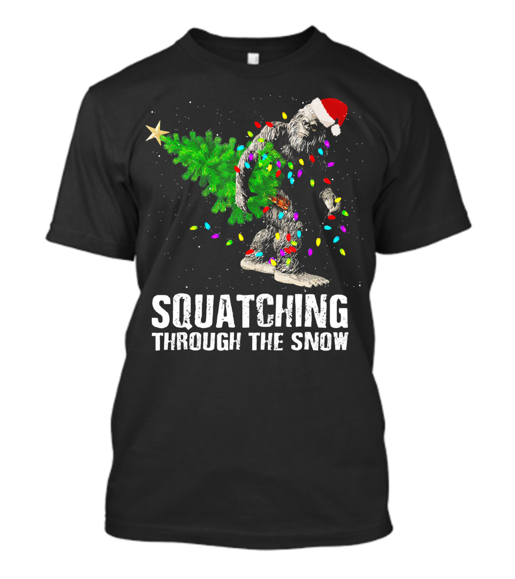 Squatching Through The Snow Bigfoot Christmas Lights Santa Hat T-Shirt
