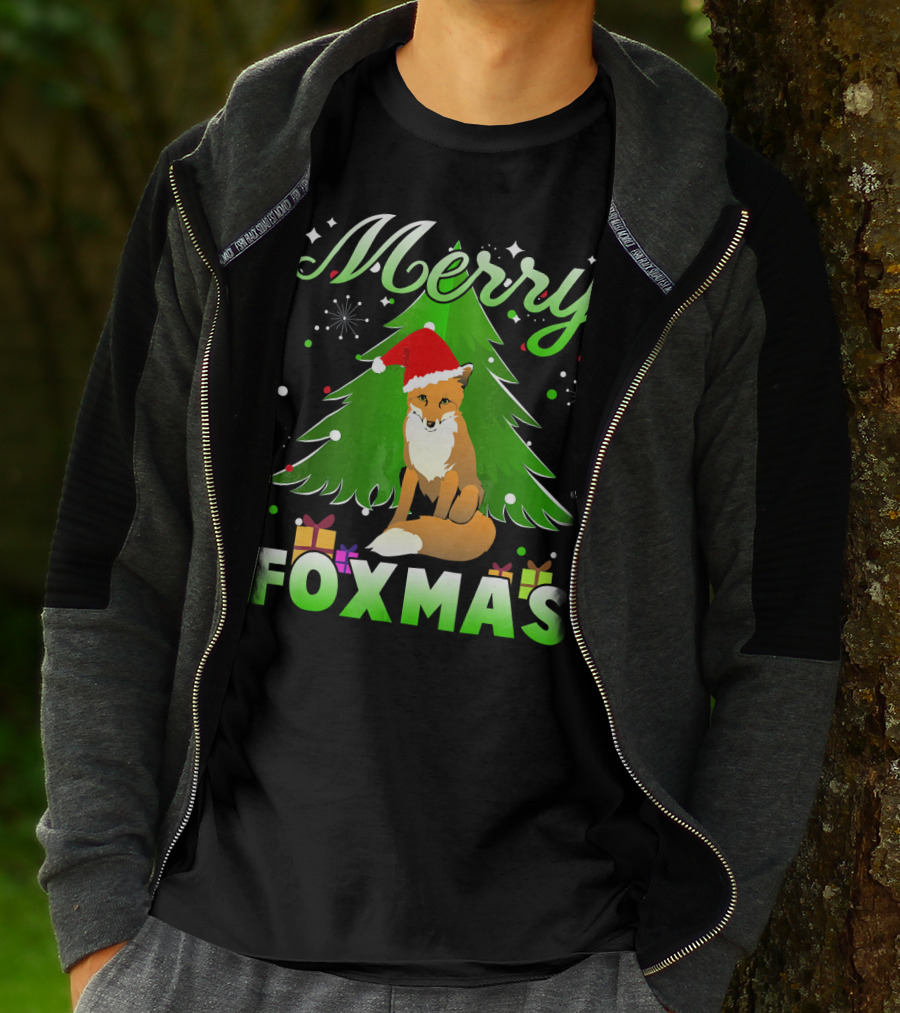 Merry Foxmas Santa Hat Fox And Christmas Tree T-Shirt
