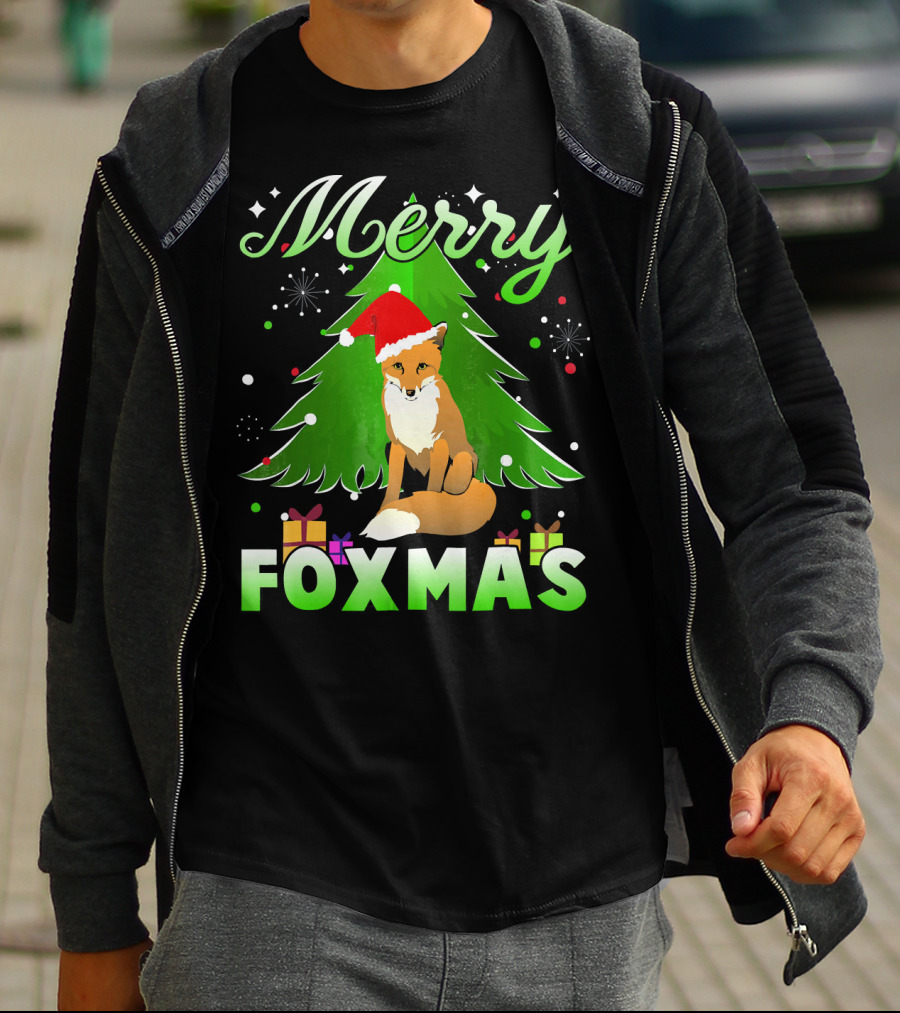 Merry Foxmas Santa Hat Fox And Christmas Tree T-Shirt