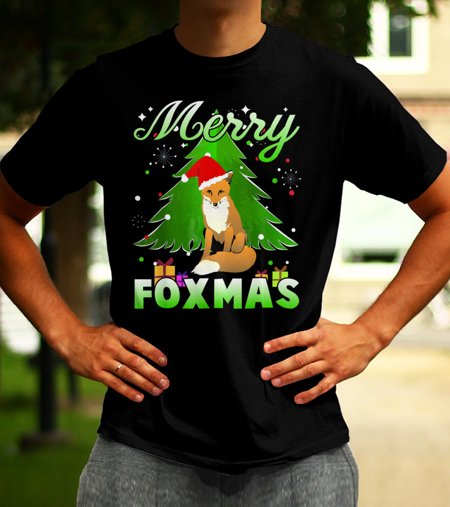 Merry Foxmas Santa Hat Fox And Christmas Tree T-Shirt