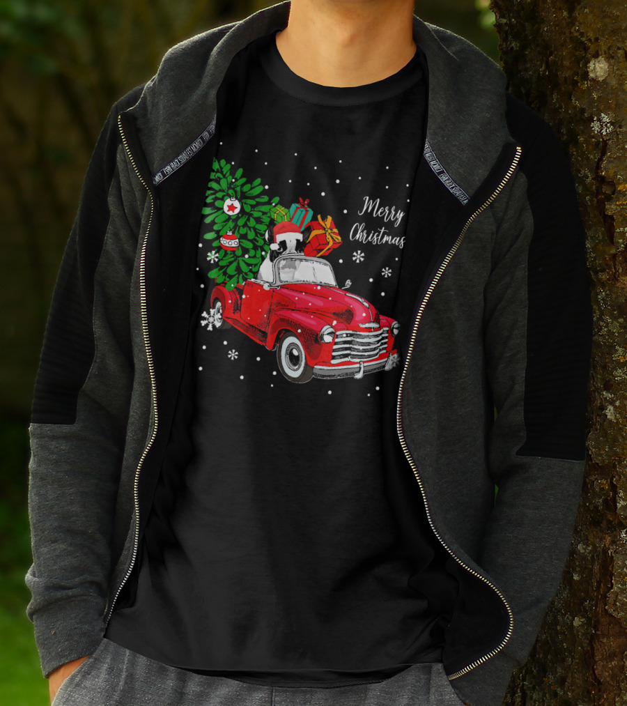 Merry Christmas Santa Boston Terrier Red Truck Snowflakes T-Shirt