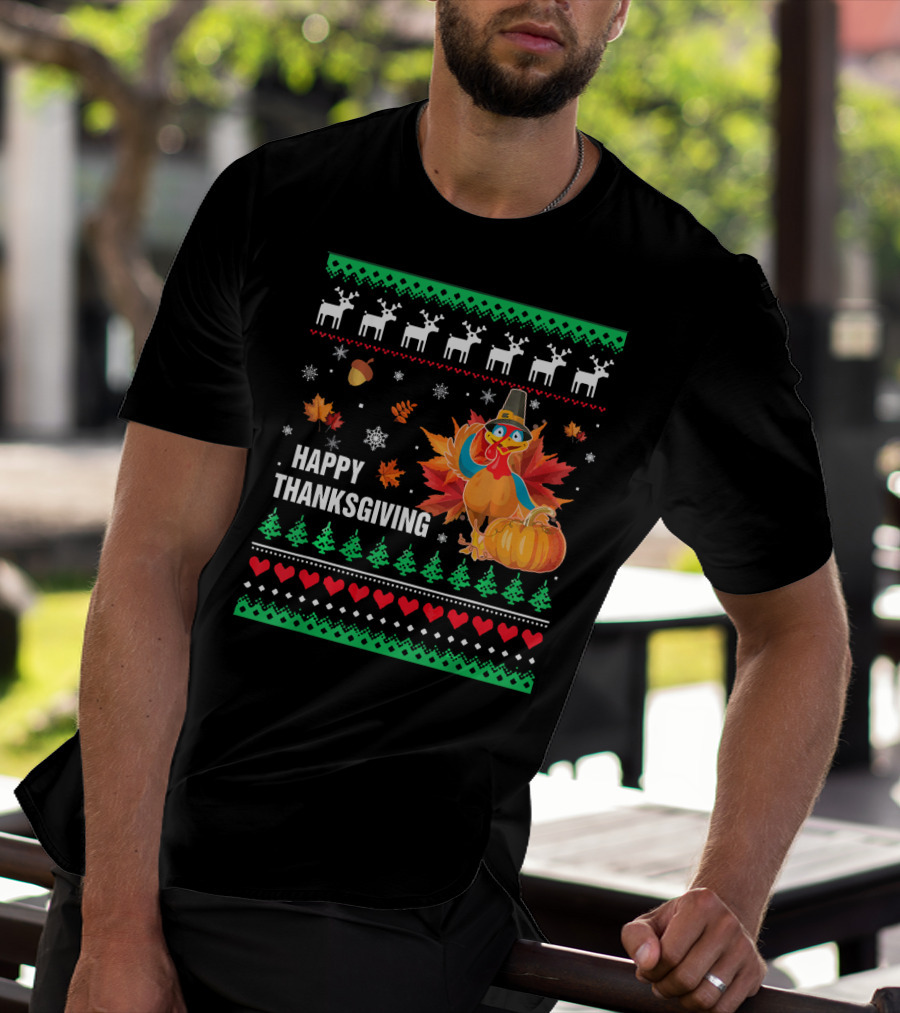 Happy Thanksgiving Turkey Pilgrim Hat Reindeer Snowflakes Pumpkins Leaves T-Shirt