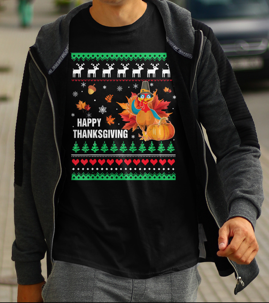 Happy Thanksgiving Turkey Pilgrim Hat Reindeer Snowflakes Pumpkins Leaves T-Shirt