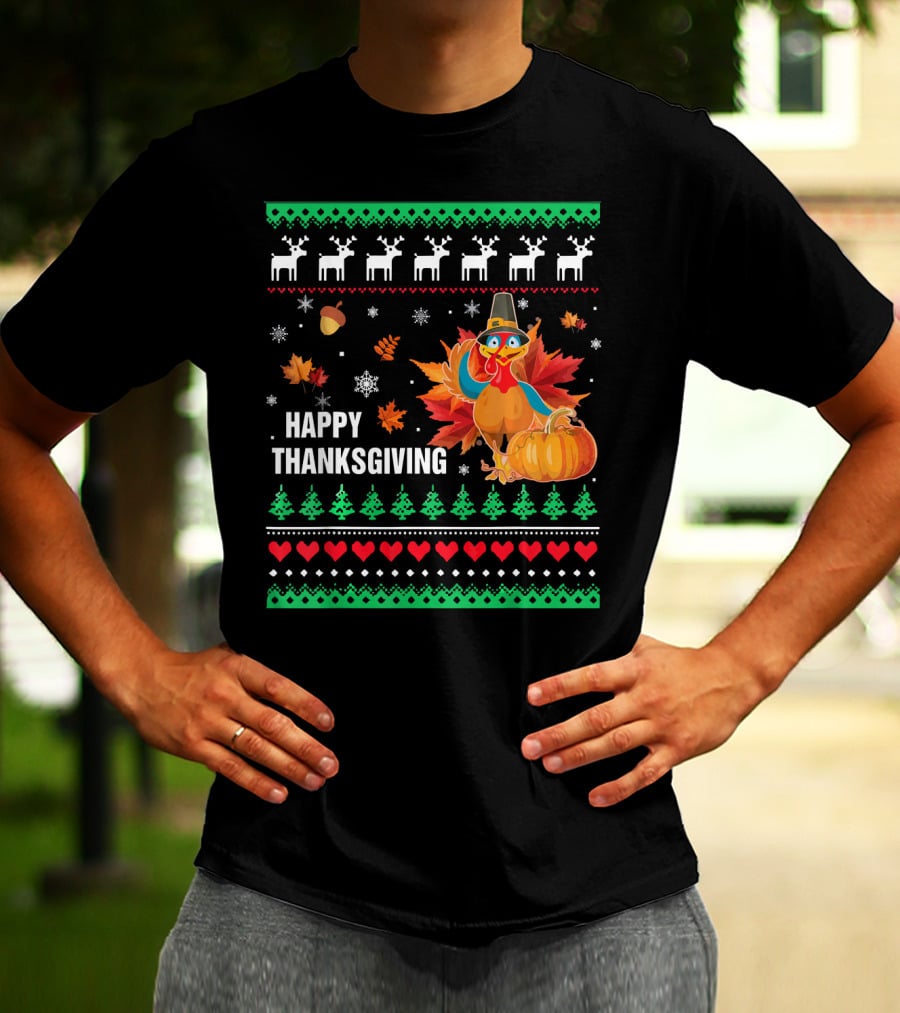 Happy Thanksgiving Turkey Pilgrim Hat Reindeer Snowflakes Pumpkins Leaves T-Shirt