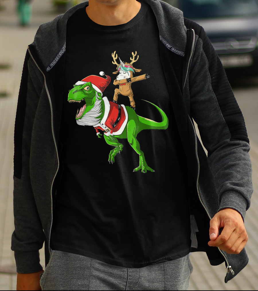Unicorn Dabbing On Dinosaur Santa With Antlers T-Shirt