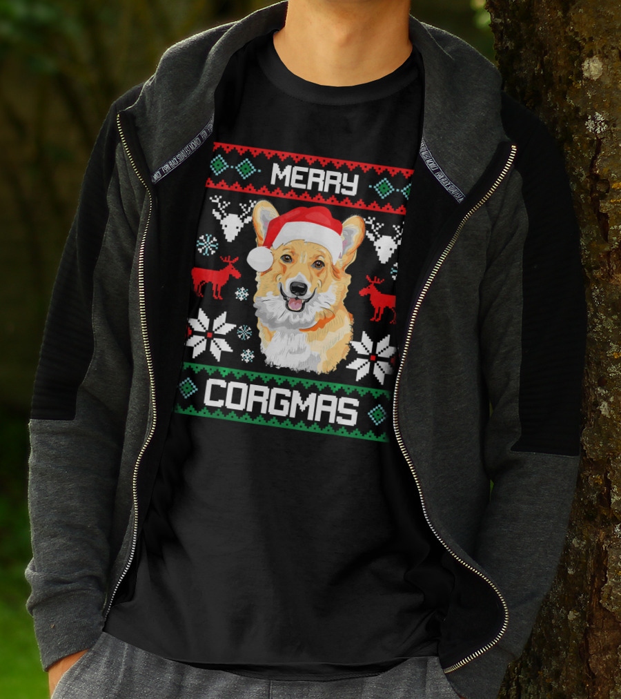 Merry Corgmas Corgi Dog Santa Hat Ugly Christmas T-Shirt