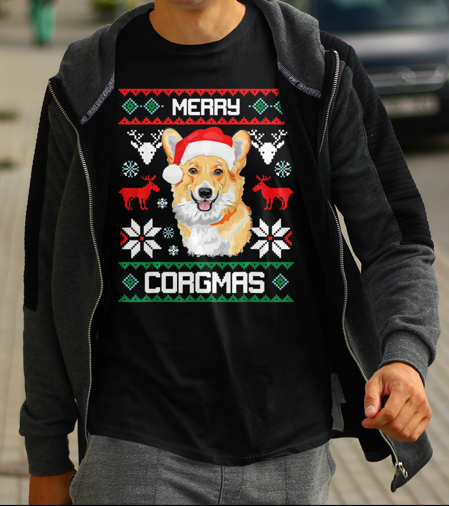 Merry Corgmas Corgi Dog Santa Hat Ugly Christmas T-Shirt