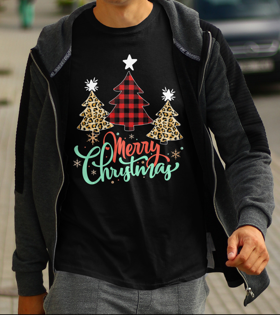Merry Christmas Leopard Plaid Tree T-Shirt