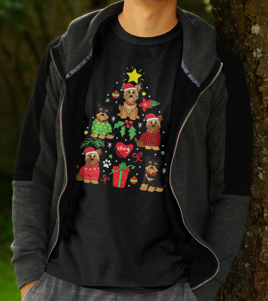 Yorkipoo Dog In Santa And Christmas Sweaters With Ornaments And Gifts T-Shirt