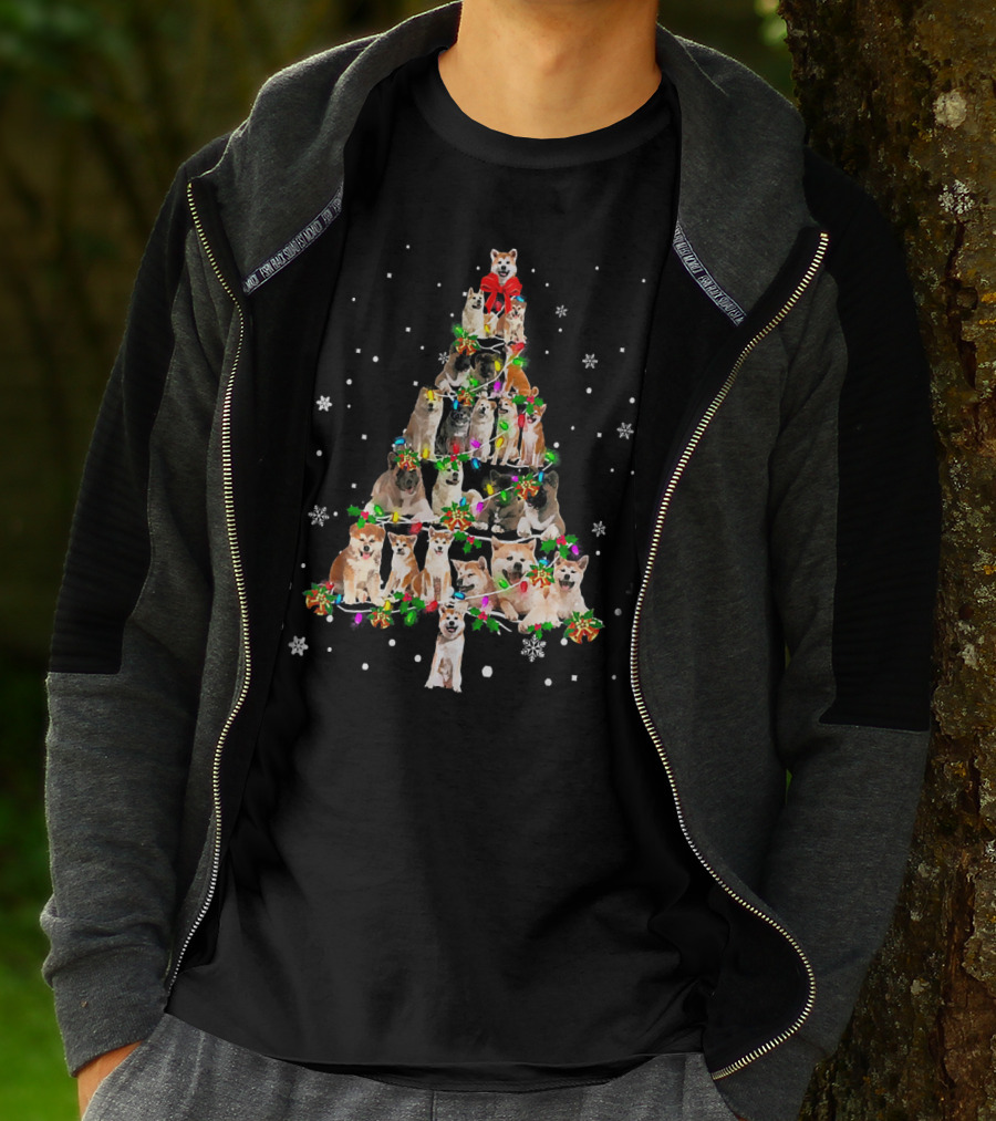 Cute Akita Dog Christmas Tree Decor With Snowflakes And Festive Lights T-Shirt
