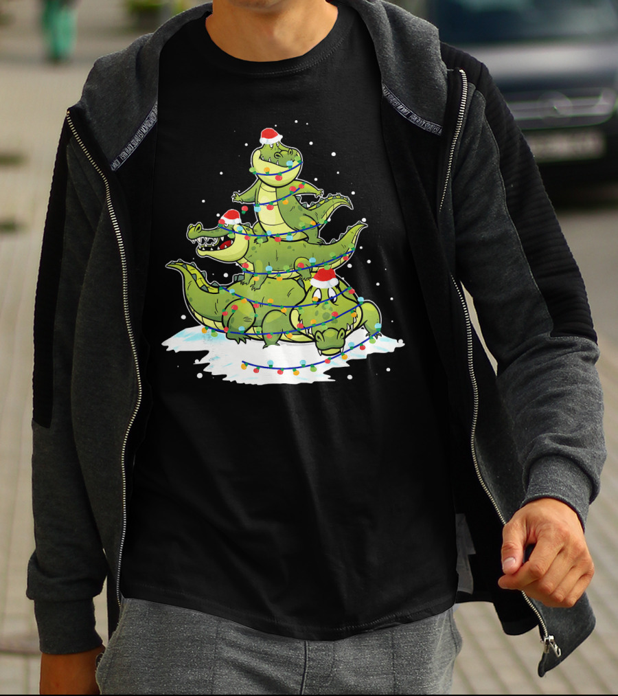 Alligator Santa Christmas Light Tree Festive Holiday Scene T-Shirt