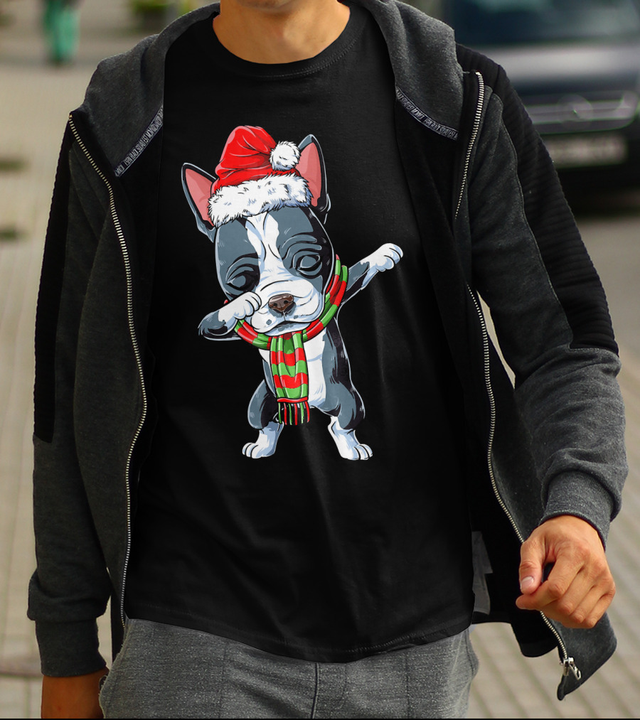 Dabbing Boston Terrier Santa Christmas Scarf Festive Dog T-Shirt