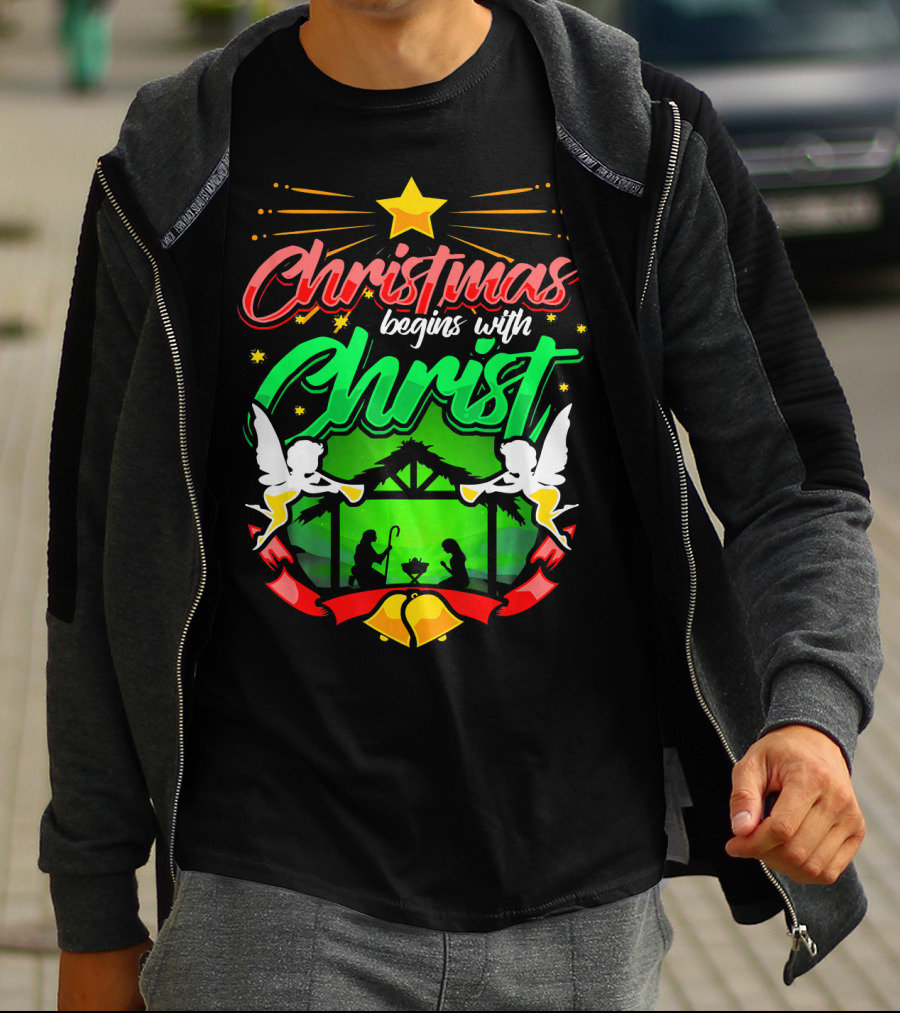 Christmas Begins With Christ Nativity Scene Angels Star T-Shirt