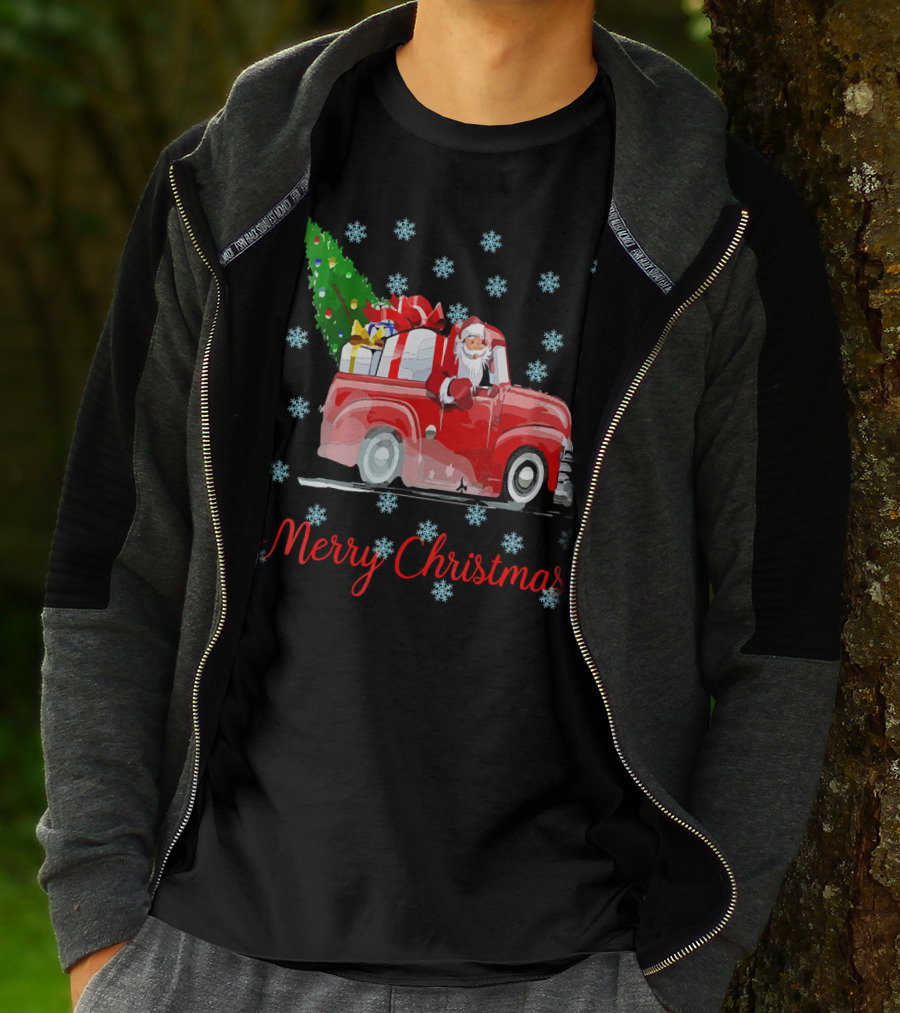 Merry Christmas Tree Santa Vintage Car With Presents And Snowflakes T-Shirt