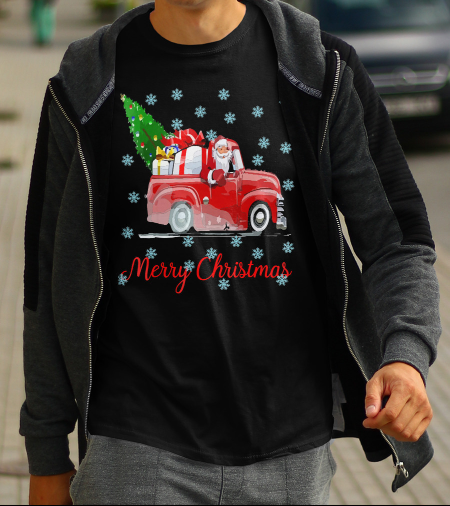 Merry Christmas Tree Santa Vintage Car With Presents And Snowflakes T-Shirt